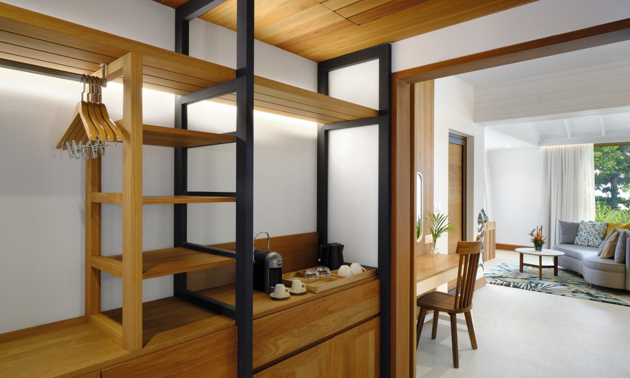 Open wardrobe with Tea/Coffee Machine